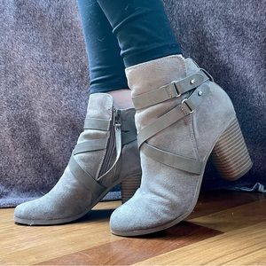 Light gray suede SM New York 3inch heeled boots.